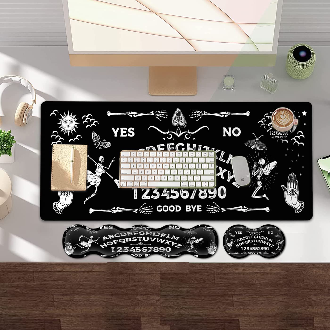 Gaming-Mauspad und Tastatur-Handgelenkauflage, großes erweitertes Mauspad, 80x20 cm, ergonomischer Memory-Schaumstoff, Handgelenkauflage + Schreibtischmatte, Ouija-Tafelmuster, schwarze Maus pad