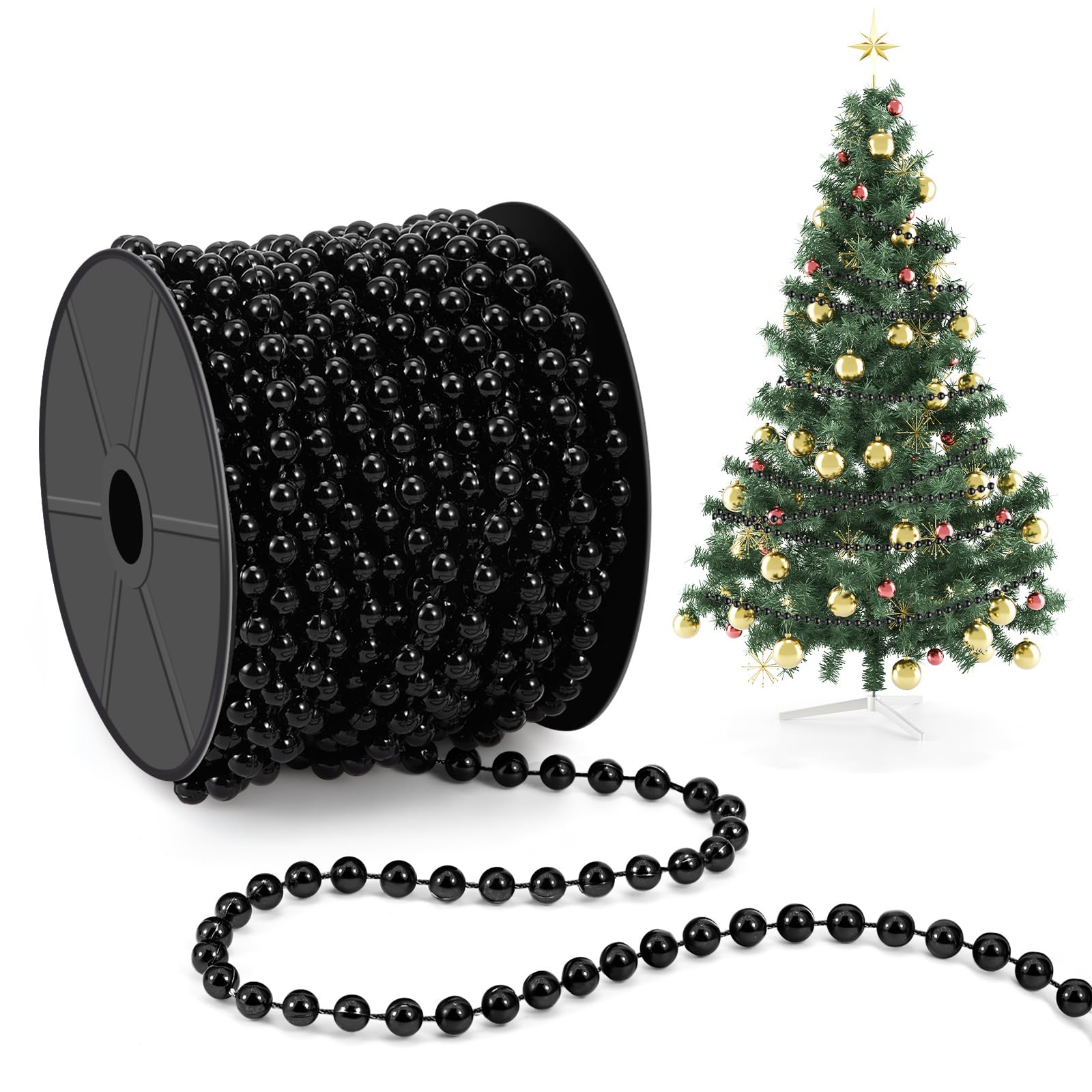 Chuangdi 1 Roll/ 8m Christmas Bead Chain 8mm Black Hanging Christmas Tree Decoration Plastic String Garlands Ornaments for Craft Xmas Tree, Stairs, Wedding, Costume, DIY Party Supplies