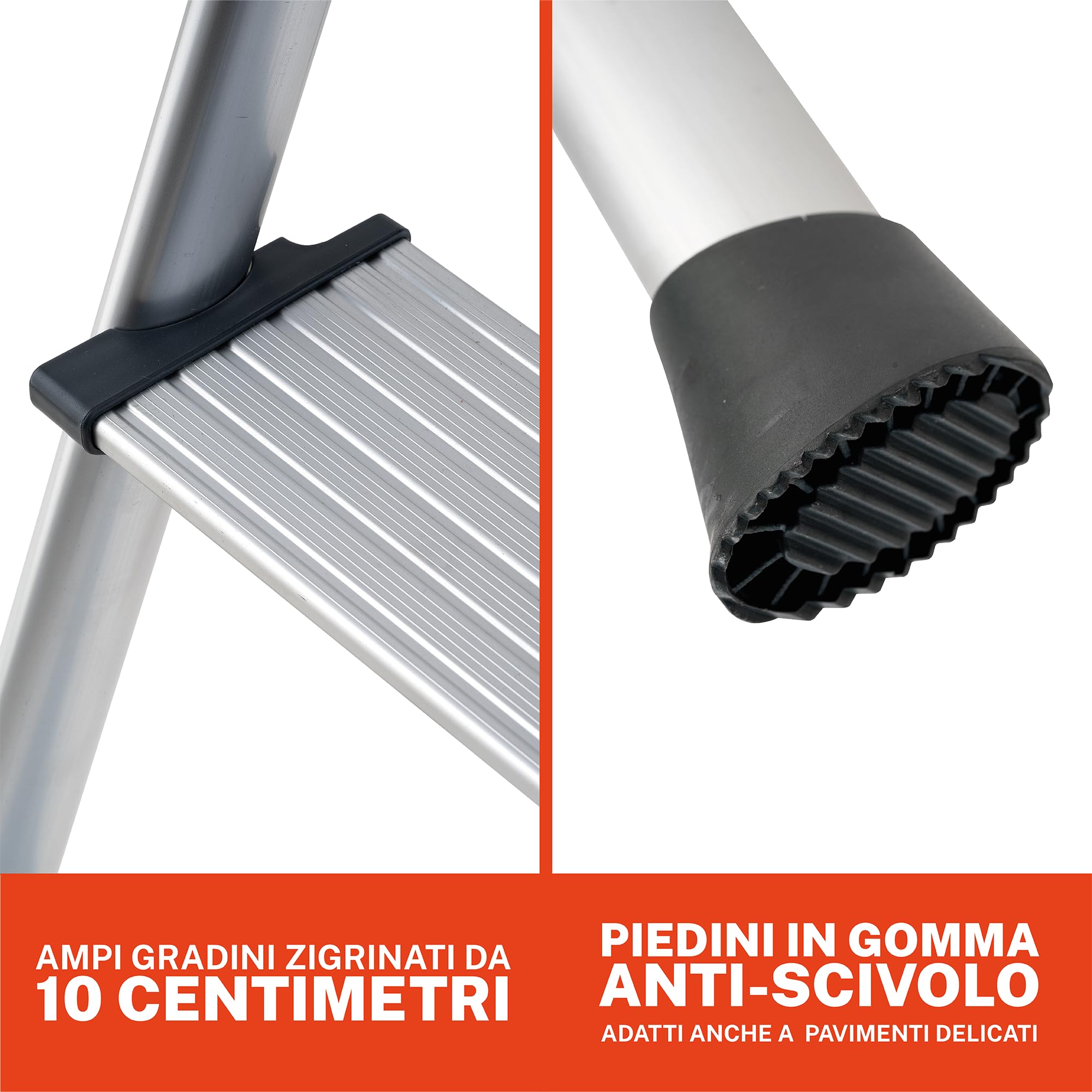 GIERRE Scaletta 2 gradini pieghevole 117H x 49 cm Sgabello Scaletta in Alluminio Anodizzato con Vaschetta Portaoggetti Integrata Scala Salvaspazio con Piedini Antiscivolo e Ampia Piattaforma