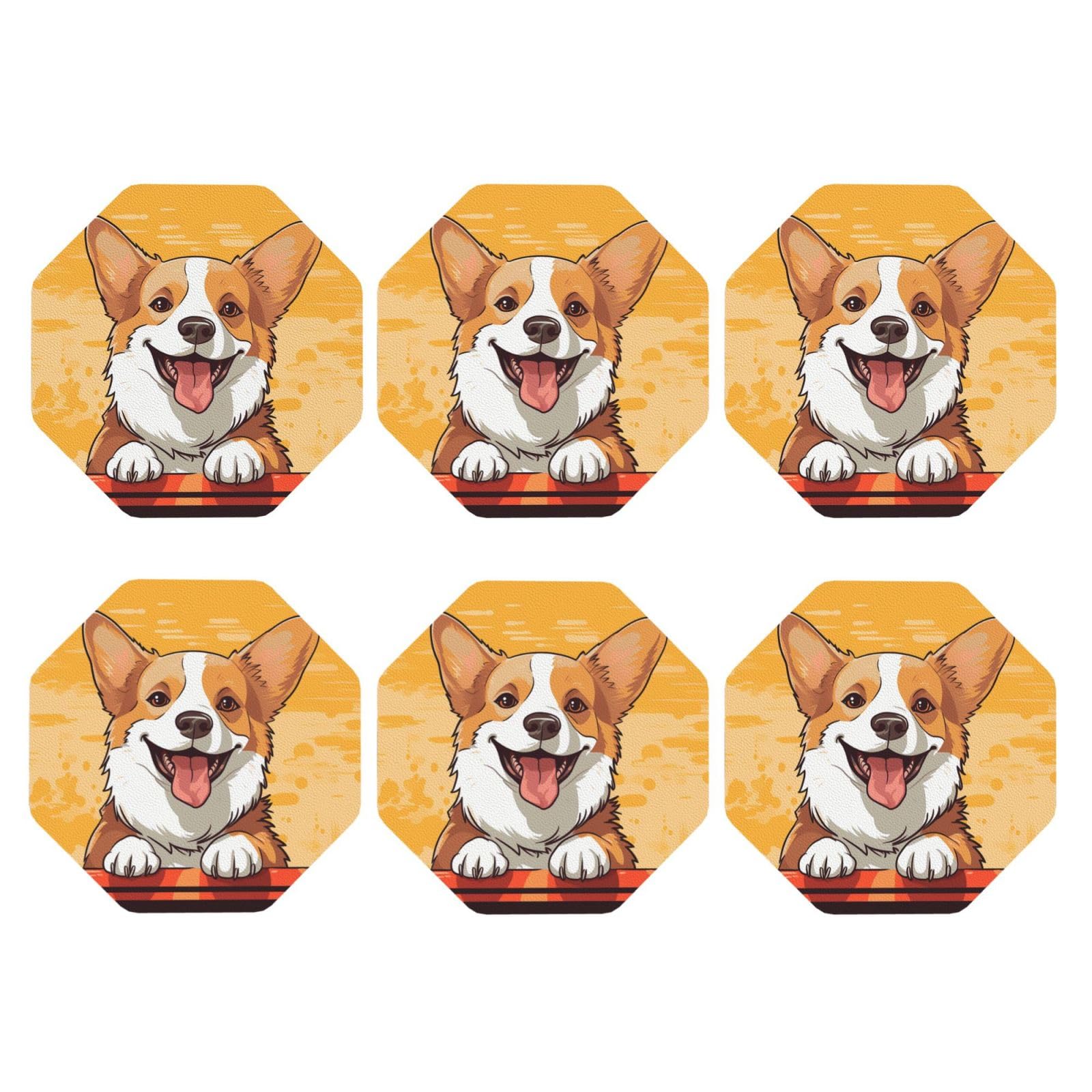 6pcs Leather Coasters for Drinks, Cute Corgi Dog Drink Coasters for Tabletop Protection, 4" Cup Coasters for Coffee Table Decor, Non-Slip Drinking Cup Mat for Hot Or Cold Drink