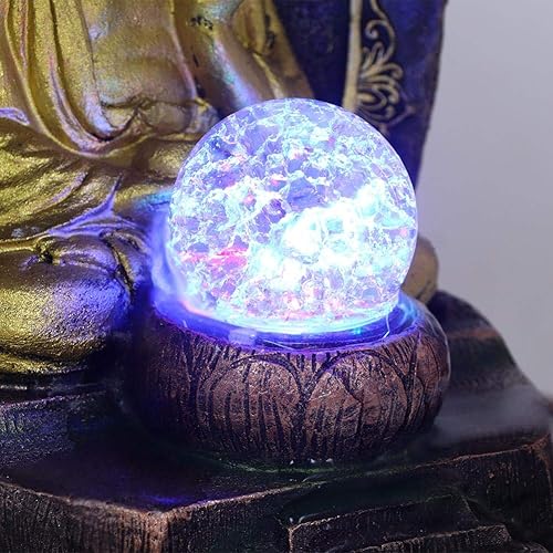 Miniatura 6 de Fuente de mesa de Buda, fuente de agua de resina única para decoración del hogar y la oficina, escultura decorativa con luz LED, regalos para amigos