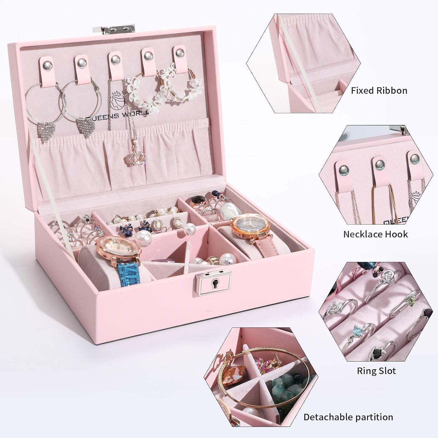 Jewelry Box for Women Retro Girls Jewelry Organizer Box Jewelry Gift Boxes Multifunction Organizer With Lock (Pink)