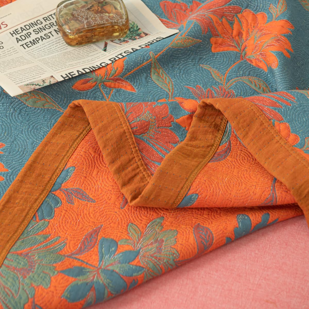 100% Cotton Muslin Blanket Jacquard Floral Flowers Bloosom Print Quilt, Soft Bed Cover 3 Layers Reversible Bedspread Coverlet Breathable Lightweight Bedding Twin(59"x94"), No Pillow Sham - Image 6