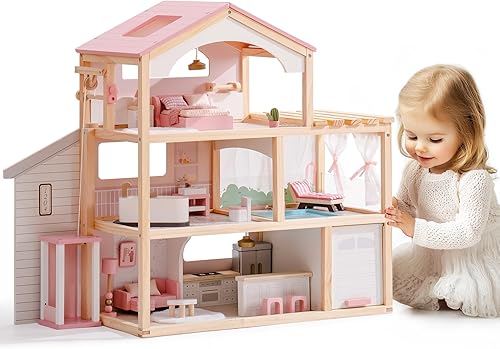 Miniatura 8 de ROBOTIME Casa de muñecas de madera, casa de muñecas con juego de muebles de 29 piezas, piscina y ascensor, casa de muñecas de madera para muñecas de
