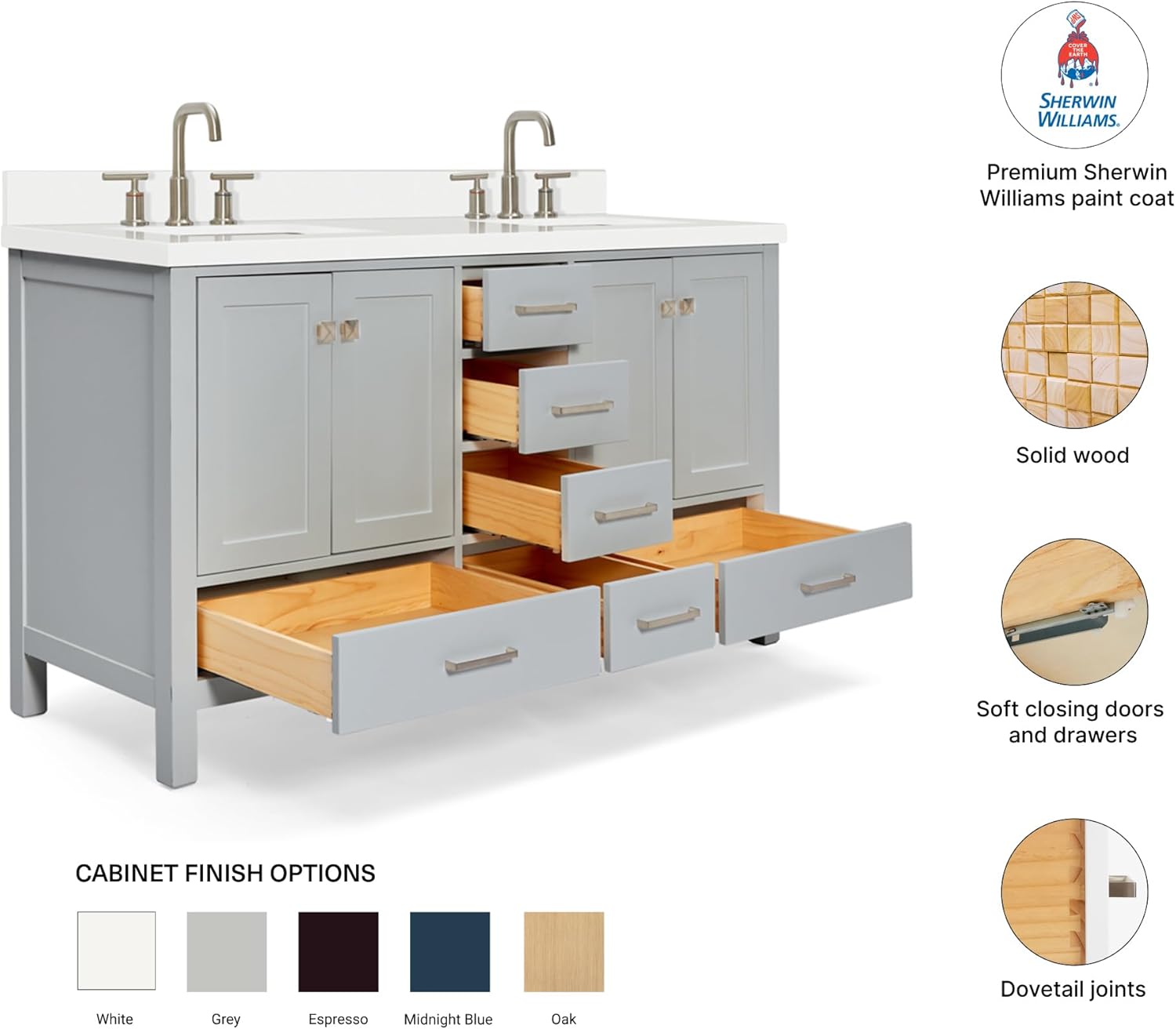 DKB Beckford 60-Inch Grey Double Bathroom Vanity with Sink, Solid Wood Base, 1.5-Inch White Quartz Countertop & Backsplash, Rectangular Undermount Sinks, 4 Soft Closing Doors, 6 Drawers