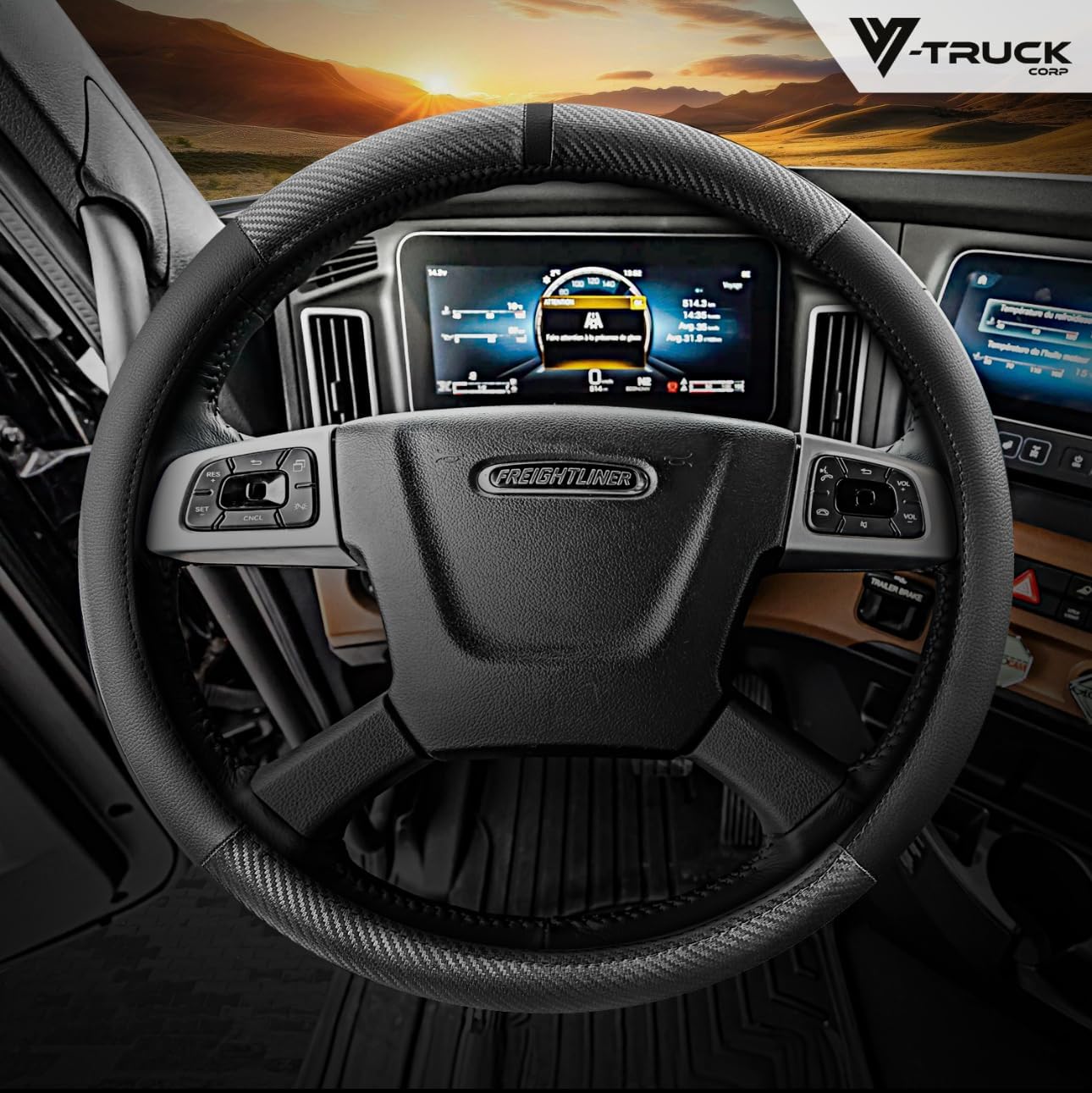 18-Inch Genuine Leather Steering Wheel Cover for Semi Trucks – Black with Carbon Fiber Imitation, Heavy-Duty Non-Slip Grip, Universal Fit, Easy Installation