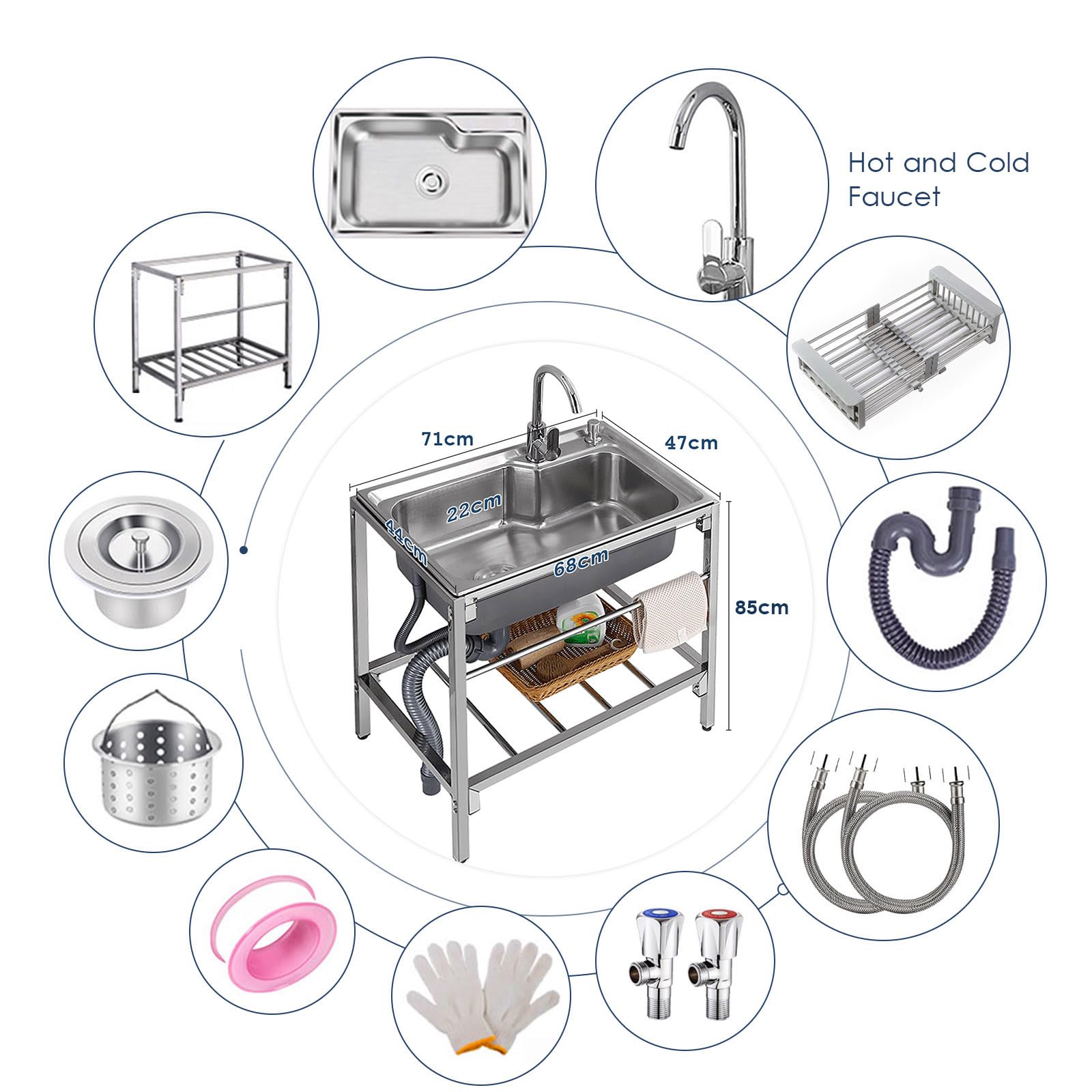Fregadero de acero inoxidable – Fregadero independiente de grado 304 para restaurante, cocina interior/exterior, 71 x 50 x 85 cm, fácil de limpiar y duradero
