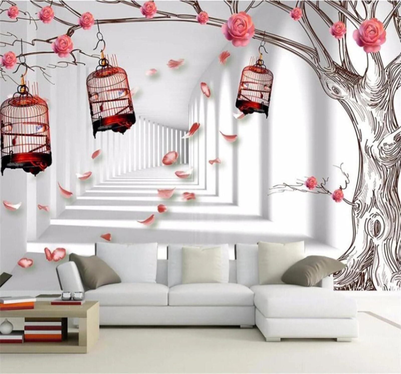 Xlming 350Cm×256Cm(B×H) Abstract Corridor Spatial Extension Trees Roses 3D Wallpaper Luxury Home Dining Decor Paste Sofa Living Room The Wall For Bedroom Mural-350Cm×256Cm