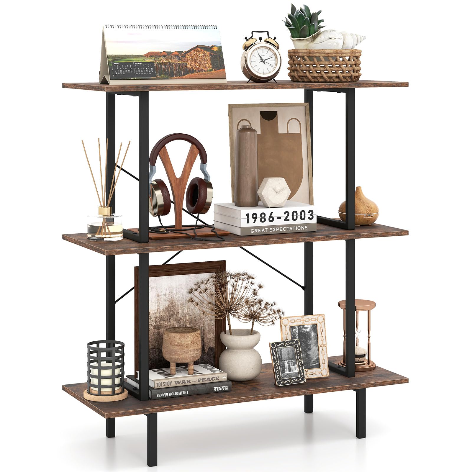 COSTWAY 3/5-Tier Industrial Bookshelf, Ladder Bookcase Storage Shelving Unit with Anti-Tipping Kits, Freestanding Metal Frame Wooden Display Rack Shelf for Living Room Bedroom (1, 80 x 30 x 86 cm)