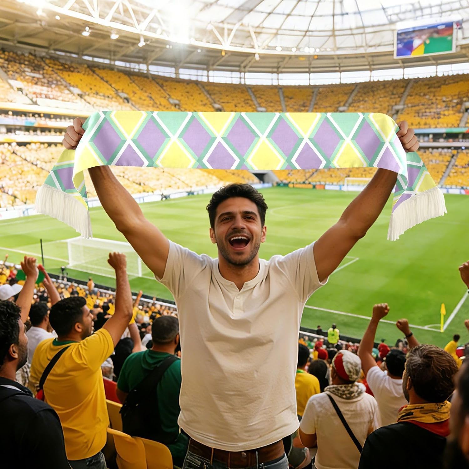 CHIFIGNO Rhombus Pastel Quick Dry Absorbent Sweat Scarf for Sports Fans, Soft Polyester Soccer Scarf with Fringe for Cheering and Games