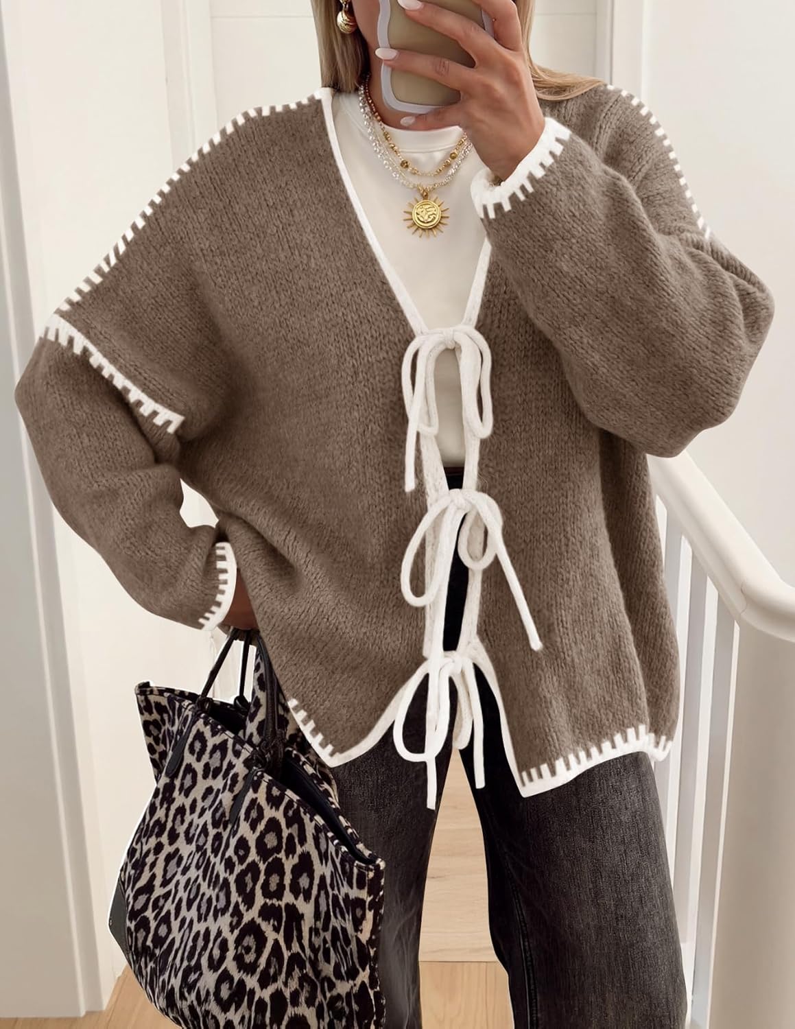 ZESICA Crdigans for Women Trendy 2026 Tie Front Bow Sweaters Casual Long Sleeve Winter Clothing Coats - Image 2