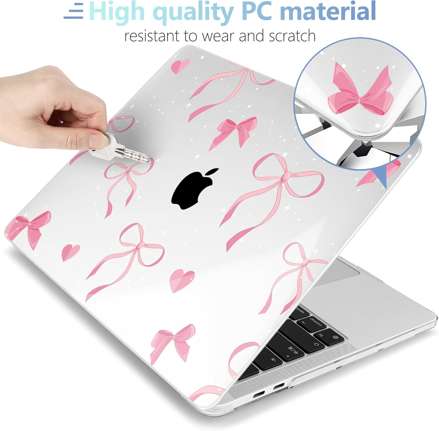 MEEgoodo for MacBook Pro Case 13 inch 2022 2021 2020 A2338 M2/M1 A2251 A2289 with Touch ID,Clear Laptop Hard Shell Cases with Keyboard Webcam Cover & Trackpad Film & Type C Adapter, Pink Ribbons Bows - Image 3