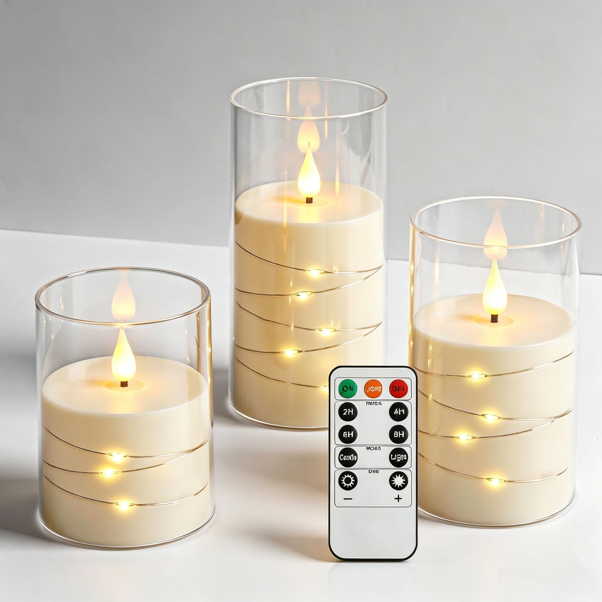 Da by 3 Pack Ivory Flickering Flameless Candles, Black Wick LED Candles with Fairy Lights, Heat Resistant Reusable Plastic, Remote Control, 7.5cm D 10/12.5/15cm, Indoor Outdoor Wedding Home Decor — image 1