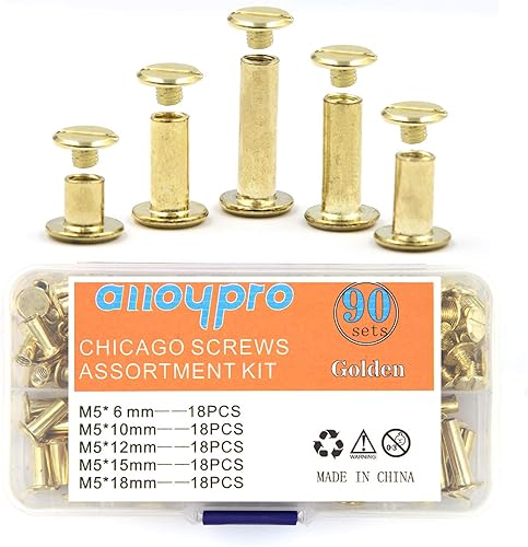 Juego de 90 tornillos Chicago surtidos, 5 tamaños, remaches de cuero dorado de 0.197 in, remaches de tornillo planos, postes de encuadernación de