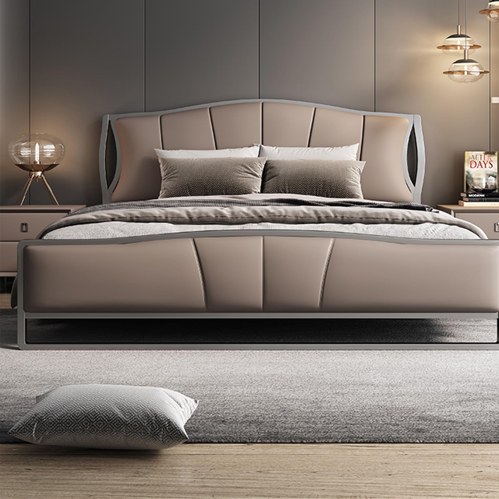 King Size Genuine Leather Bed Upholstered Platform Bed Frame with Wingback Headboard and Storage Drawers Strong Wooden Slat
