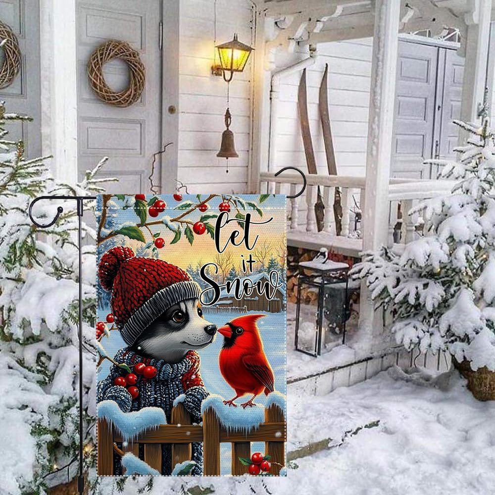 Let It Snow Garden Flag 12x18 Inch Winter Dog Cardinal Holiday Outdoor Yard Flag Double Sided Burlap Small Seasonal Welcome Sign for Porch Lawn Christmas Decor - Image 8
