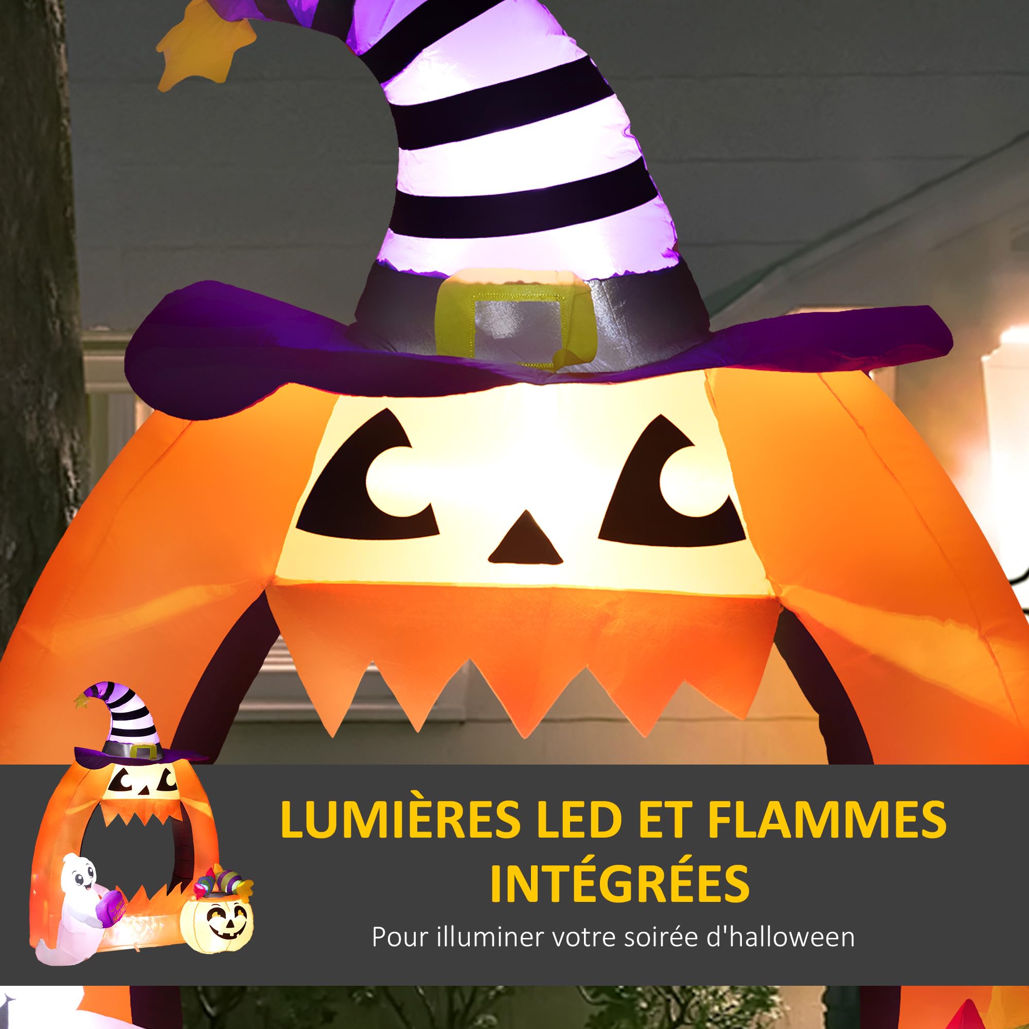 Outsunny Halloween nadmuchiwany łuk dyniowy 150H cm z uroczym duchem, nadmuchiwany łuk z lampkami LED na trawnik, ogród, podwórko