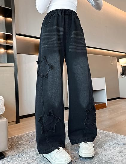 SEAUR Meisjes Jeans Ripped Baggy Wide Leg Jeans Kinderen Rechte Broeken Losse Denim Broeken Casual voor 5-14 Jaar, Blauw, 13-14 jaar