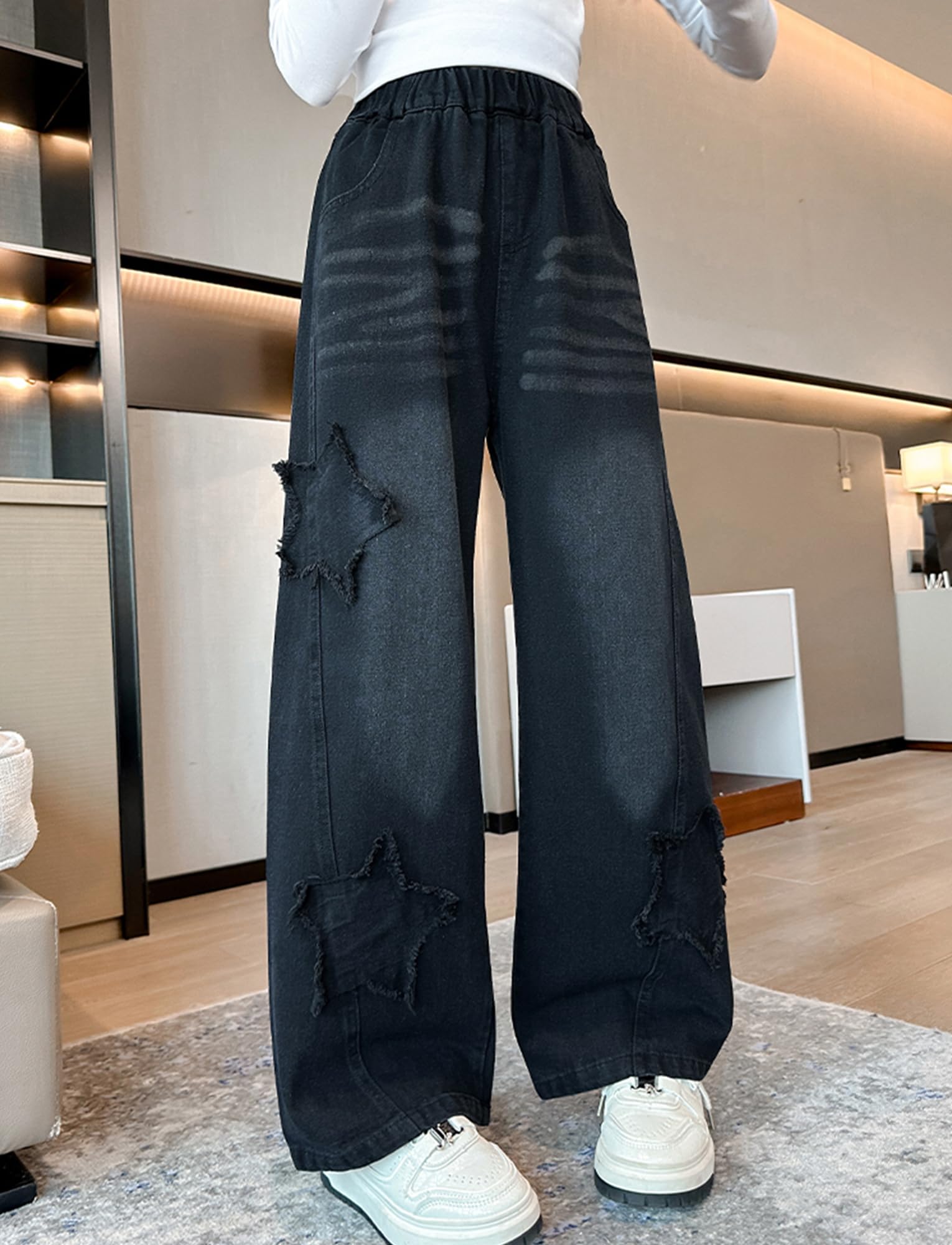 SEAUR Pantalones vaqueros para niña, pierna ancha, holgados, con cintura elástica Y2K, pantalones vaqueros con estampado de estrellas, para niños, 120-170 = (EU 110-164)