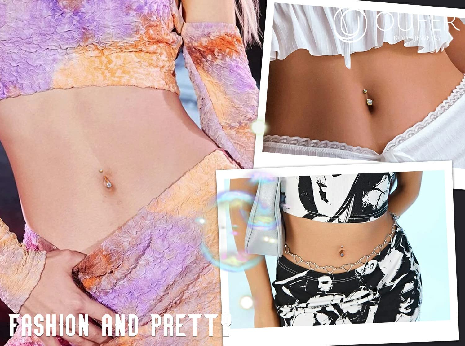 OUER - Piercing per Ombelico in Oro Massiccio 14 G 14 K, con Zirconia cubica Trasparente, Zirconia cubica Belly Piercings Navel Piercing Gioielli per Ombelico