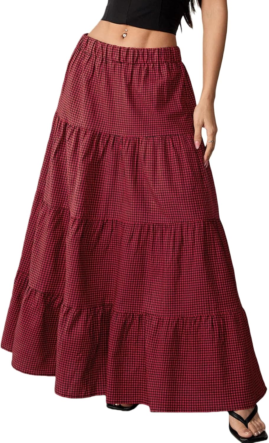 TITOMD Women's Maxi Skirt Summer Spring Clothes Boho A Line Ruffle Plaid Gingham Elastic Flowy Fashion 2026 Long Skirts