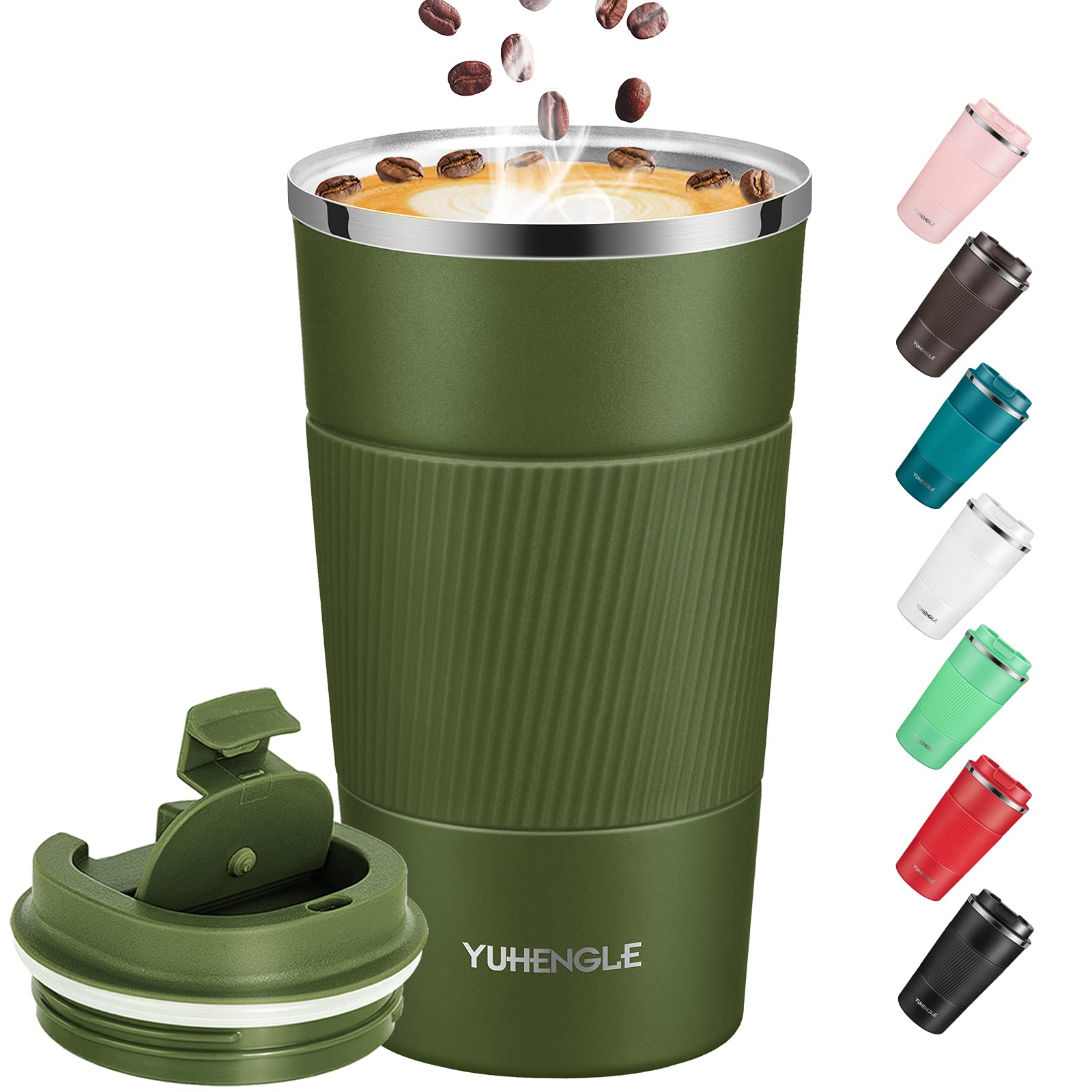 YUHENGLE Travel Mug, Insulated Coffee Cup with Leakproof Lid,Vacuum Insulation Stainless Steel Reusable for Hot Cold Coffee, Water and Tea, Thermal Mug with Non-Slip Protective Cover, 510ml/18oz