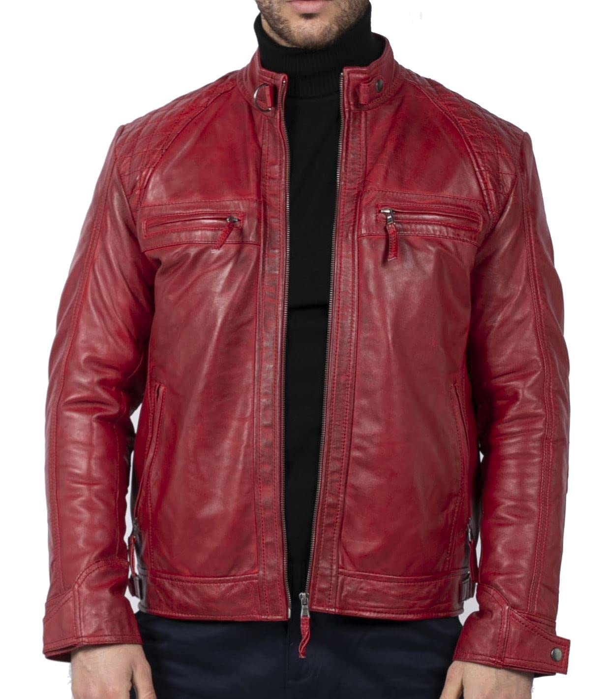 Truclothing Men's Red Biker Jacket Outwear Windproof Winter Motorcycle Rider Real Leather Jackets Coat Retro - L