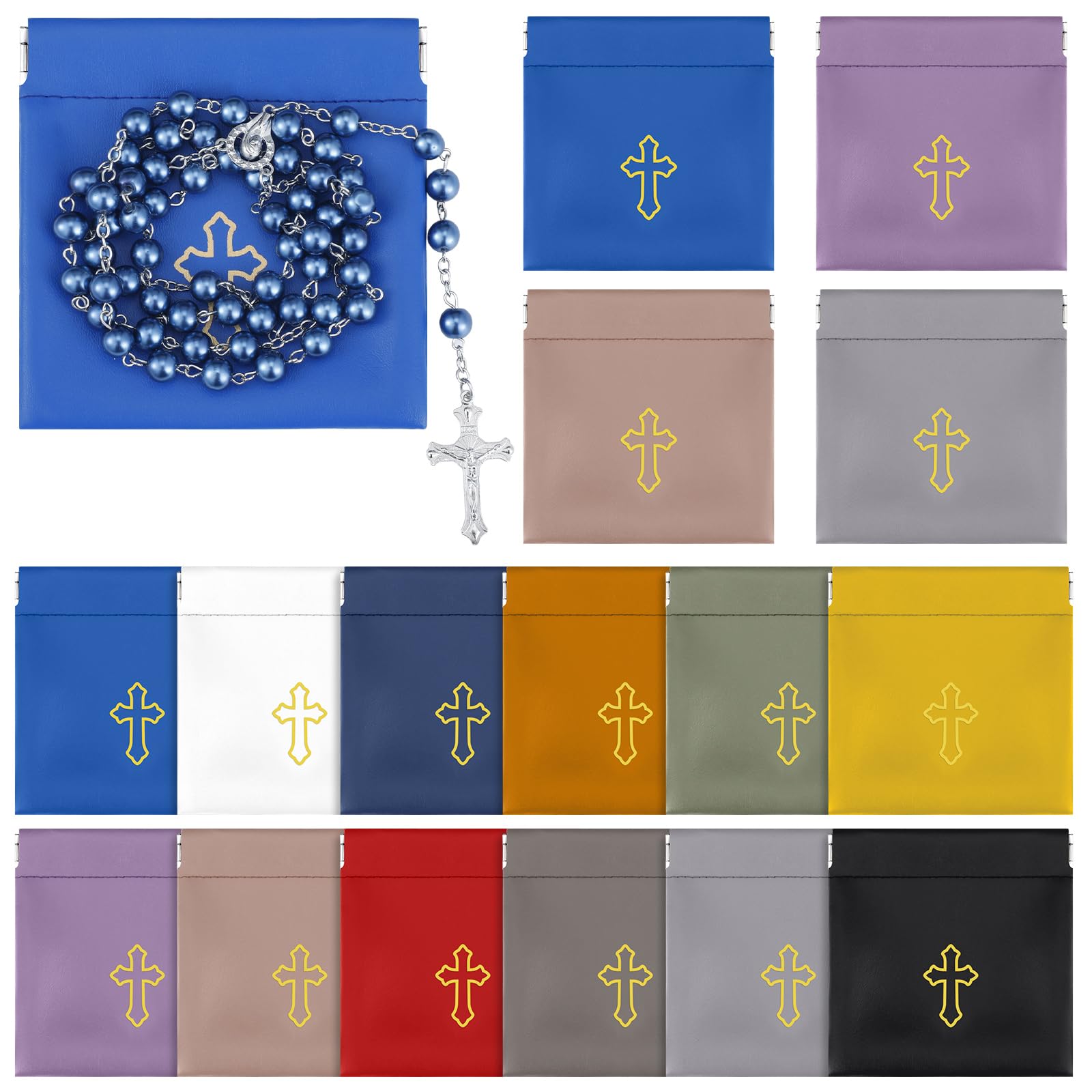 Wesnoy 12 Pcs Squeeze Rosary Pouch with Gold Cross Imprint Design Beautiful PU Leather Rosary Case (Multicolor)