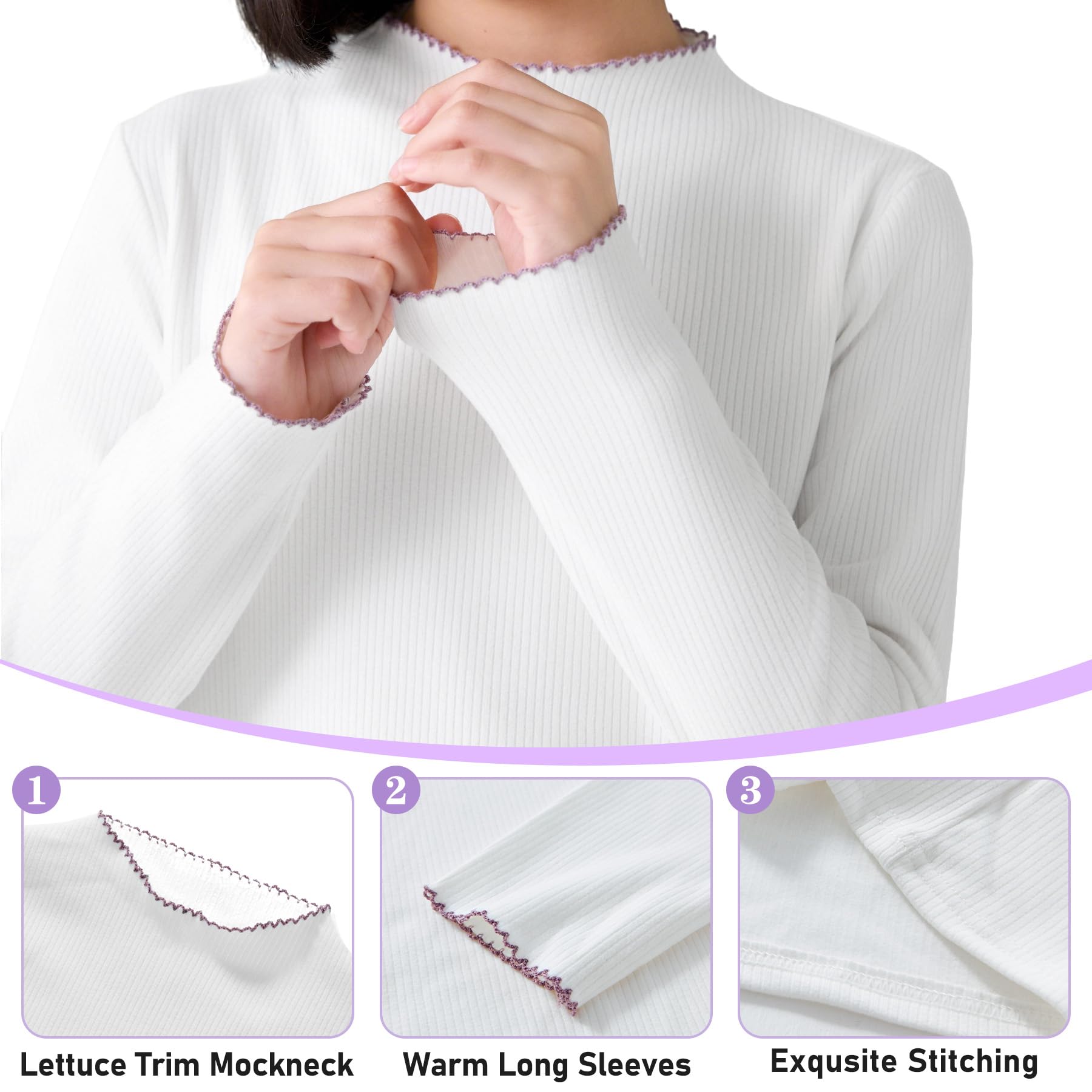 Dziewczęca koszulka termiczna, długi rękaw, ciepła koszulka bazowa, półokrągły dekolt z falbanką slim fit, miękki, swobodny sweter szkolny dla dziewczynek w wieku 7-13 lat