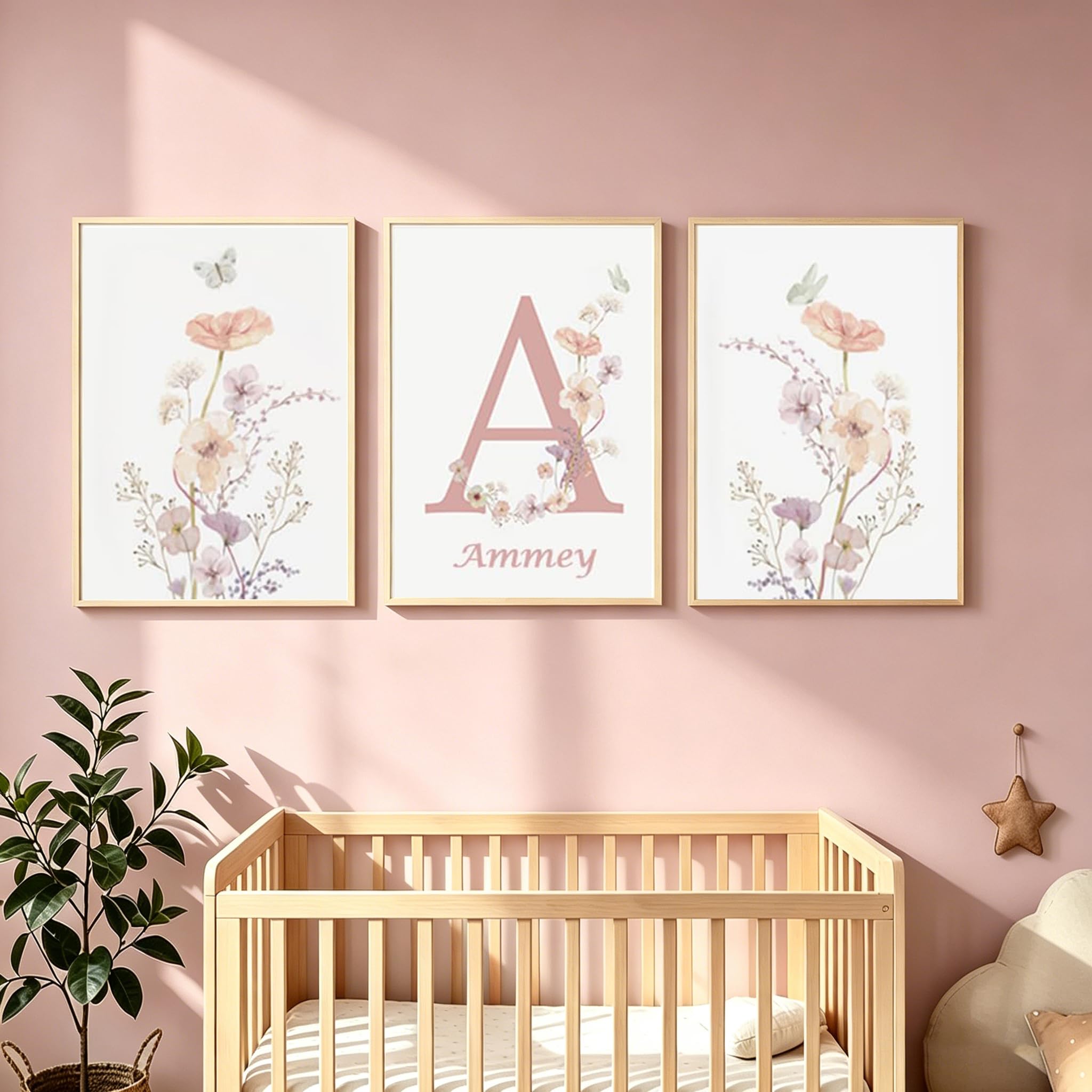 Youihom 3 Quadri Bambini Nome Stampe Cameretta Bimba Floreali Rosa 30 x 40 Quadretti Personalizzati Bimba Poster Camera Neonato Tela senza Cornice