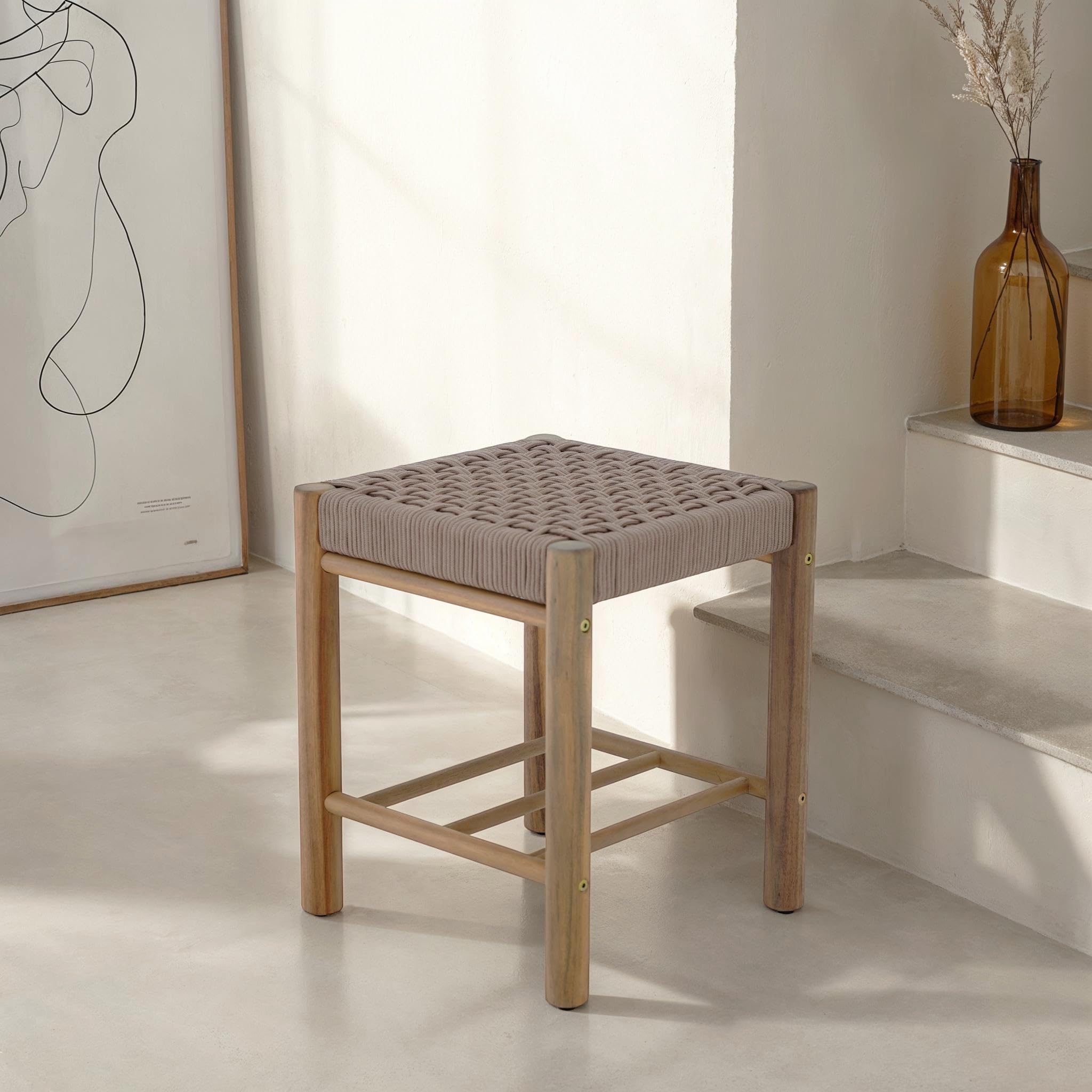 BAÏTA Tabouret intérieur et extérieur AVI en Bois d'acacia et Corde Marron Clair