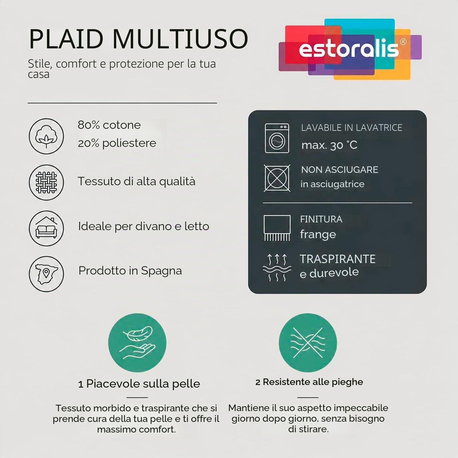 Estoralis | Nido | Trapunta Divano Multiuso | Copriletto, Coperta Foulard | Grigio | Plaid Letto, Copridivano, Pratico e Morbido Confortevole (230 x 260 cm. AnchoxAlto) | con Frange