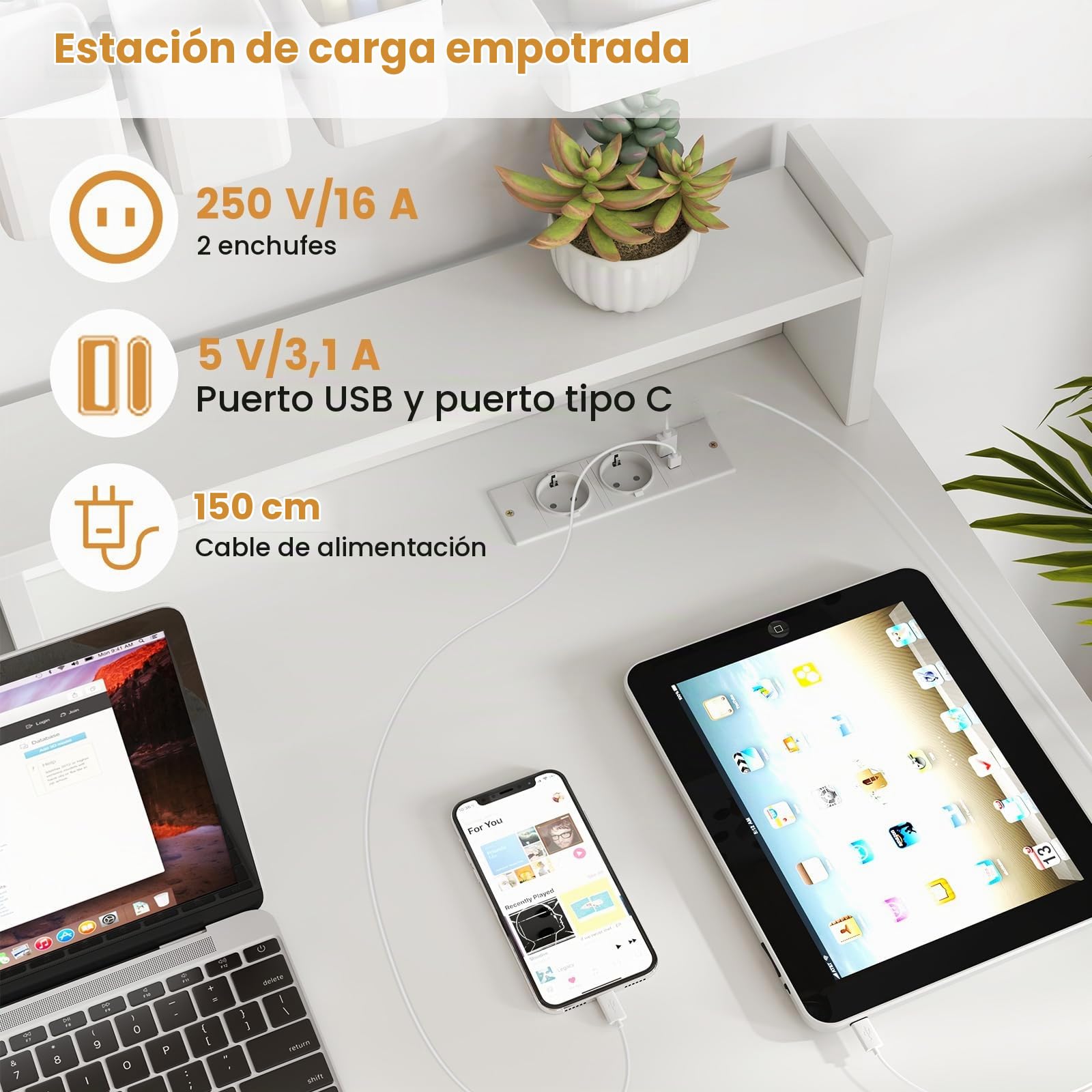 GYMAX Escritorio de Computadora con Estación de Carga, Escritorio de Estudio de 105 CM con Estantes y Cajón, Orificio para Gestión de Cables, Escritorio Moderno y Simple para Dormitorio, Blanco