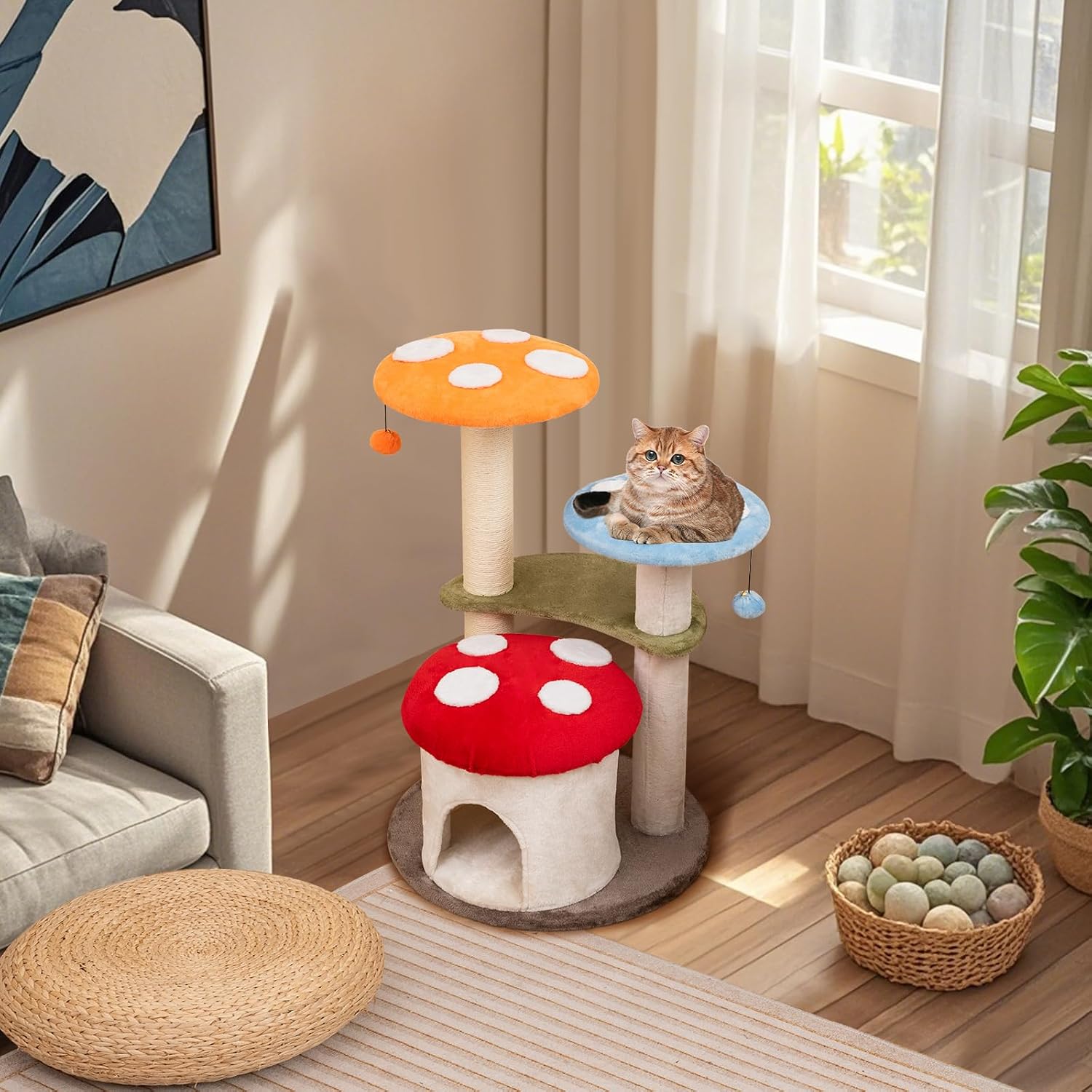Tangkula Mushroom Cat Tree, 35 Inch Cute Cat Tower with Sisal Scratching Posts, Cat Condo, Padded Platforms, Dangling Balls, Multi-Level Modern Cat Furniture, Activity Center for Indoor Cats & Kittens