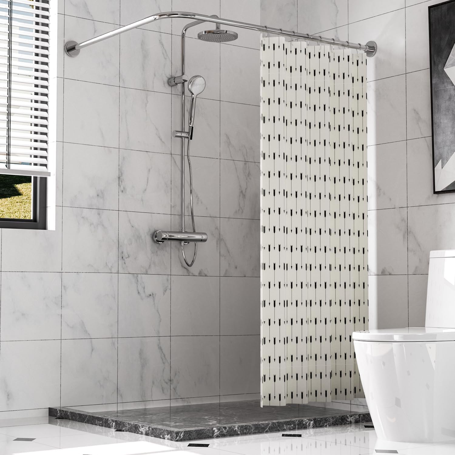 Corner Shower Curtain Rod, Adjustable (24"-37" x 24"-37"), L Shaped Shower Curtain Rod, Genuine 304 Stainless Steel, Unsagging, Drill-Free, 90° Corner Design, Includes 12 Shower Curtain Rings