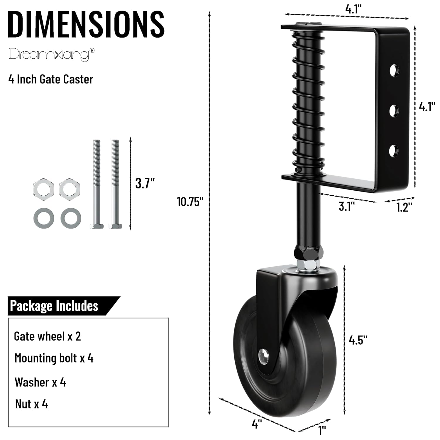 4" Spring Loaded Caster, Heavy Duty Rubber Wheel for Wooden Fence with 360 Rotation, Farm Gate Support Helper for Wooden Metal Vinyl Swing Gate, 2Pack, 220 Lbs Capacity, Black