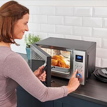 Severin MW 7777 3-in-1 Microwave with Glass Base Flatbed (Flat Cavity for Large Foods) Grill and Hot Air Function Microwave with Large Usable Surface for Square Tableware Black Stainless Steel