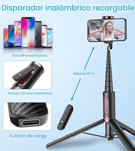 Miniatura 5 de TONEOF Trípode para selfie stick para teléfono celular de 67 pulgadas, soporte todo en 1 con control remoto inalámbrico integrado, portátil, ligero,
