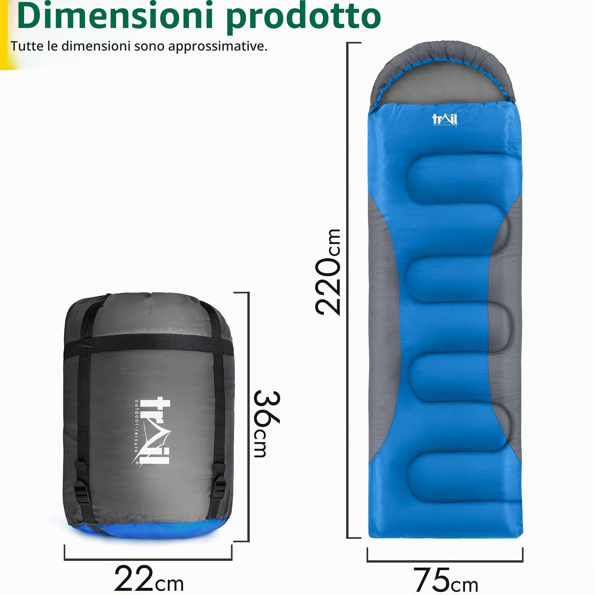 Trail Sacco a Pelo con Cappuccio Alpine Sacco a Pelo Leggero da 250 g (3 Stagioni) Sacco a Pelo Compatto per Adulti con Cappuccio e Custodia