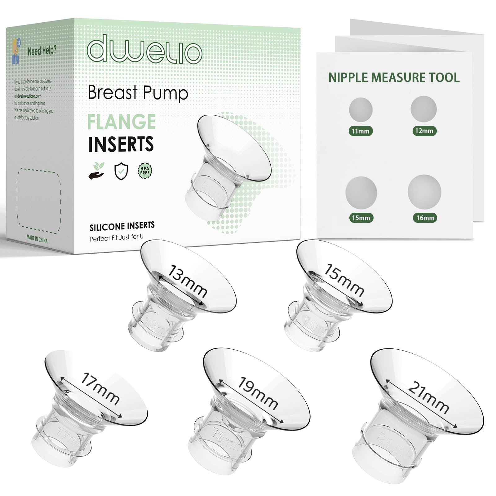 Dwelio Flange Sizing Kit with 5PCS Silicone Flange Inserts 13/15/17/19/21mm, Flange Insert for 24mm Flange/Shield, Pumping Breastfeeding Essentials