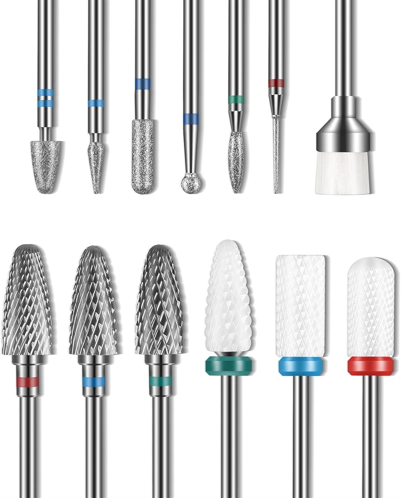 THE WHITE SHOP 13PC Nail Drill Bits Set, Drill Bits for Nails, 3pcs Tungsten Carbide Drill Bits+ 3pcs Ceramic Efile Nail Drill Bits+ 6pcs Diamond Drill Bits+ 1pcs Brush, 3/32 inch Nail Bits for Nail D