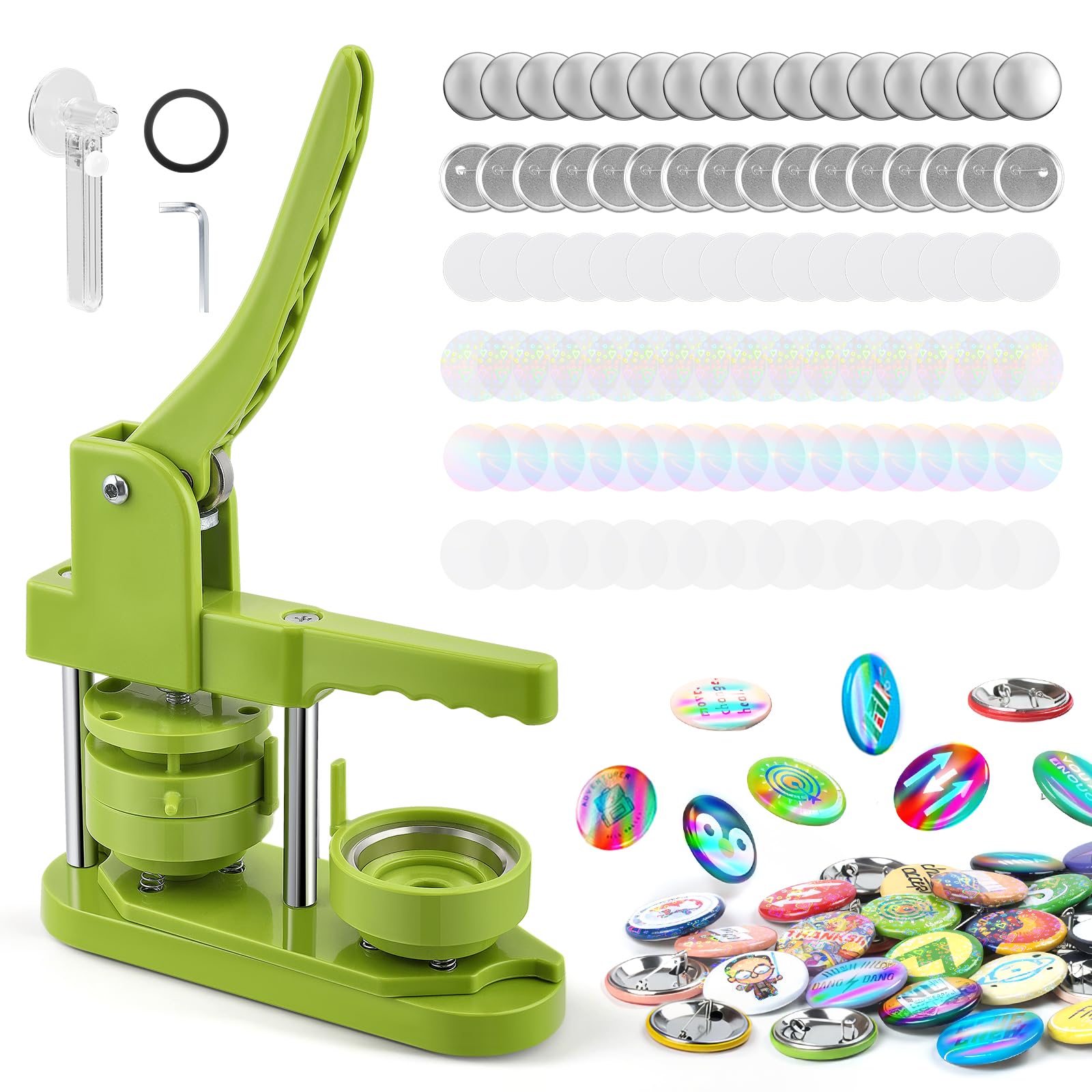 Macchina per bottoni KEYSAFER per creare badge 58 mm, set di pressa per bottoni fai da te senza installazione, con 100 parti in metallo per bottoni, lamina arcobaleno e taglierina rotonda per feste e