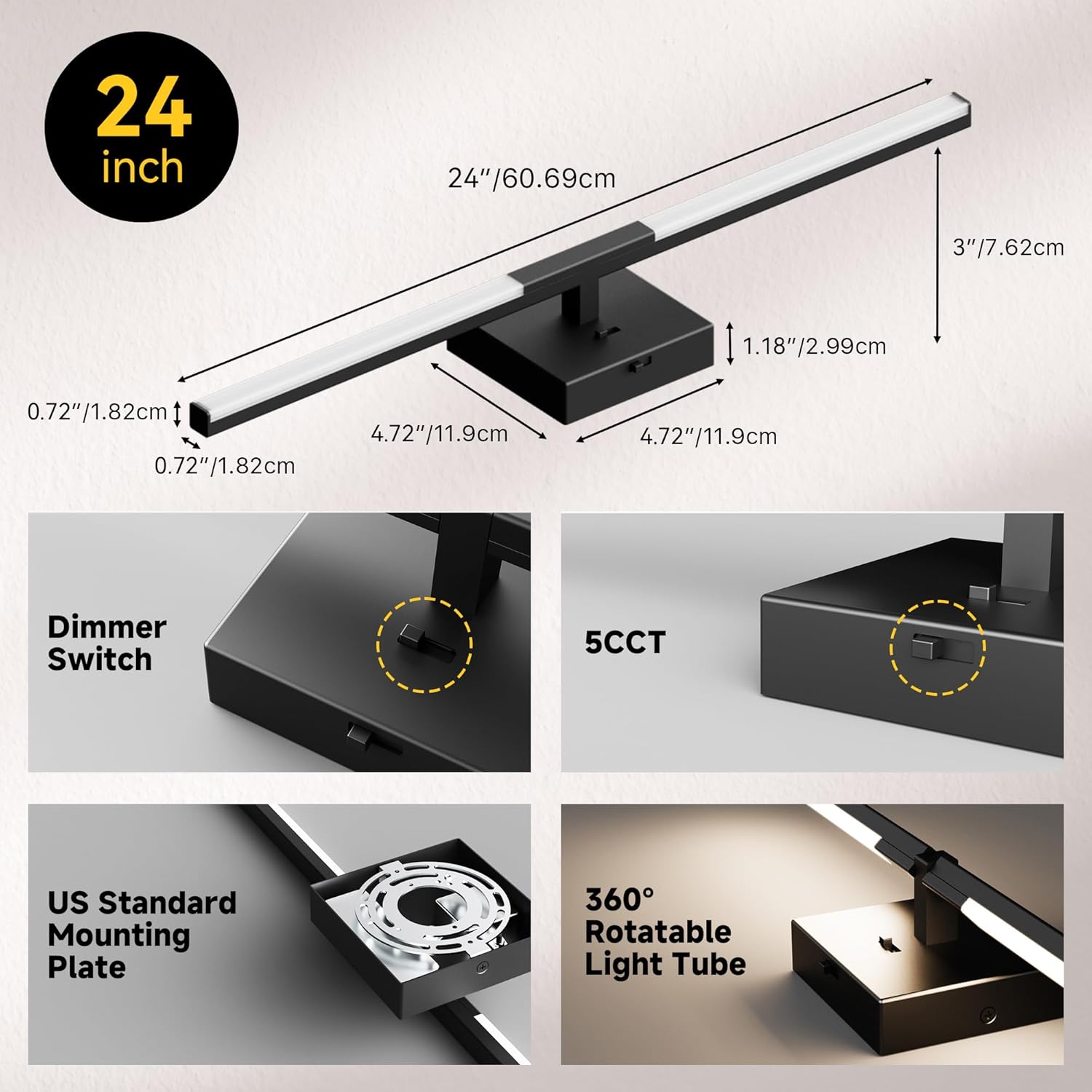 Vanity Lights 24 inch, 4-Level Brightness Built-in Dimmer, 14W Dimmable 5CCT Bathroom Light Fixtures Over Mirror, Black Vanity Lights for Bathroom Mirror Cabinets Bedroom-FCC & ETL Certified