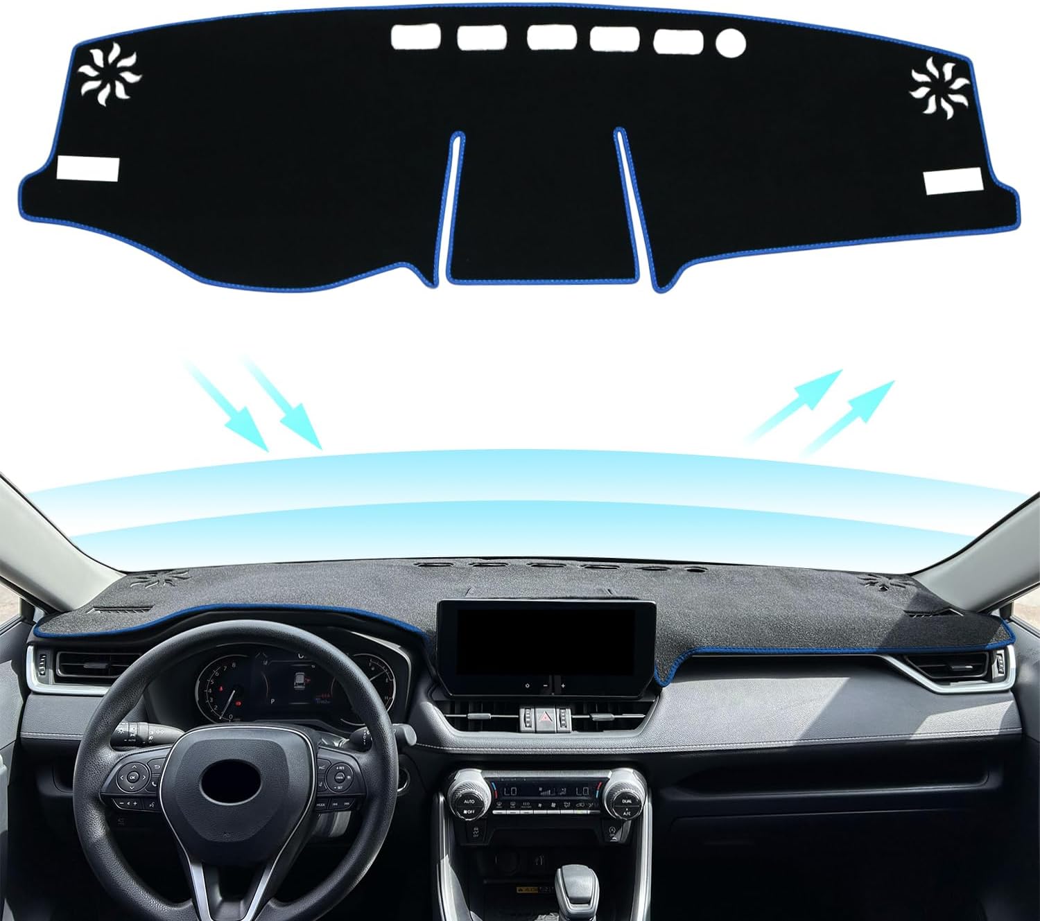 Dash Cover for Toyota Rav4 Accessories 2019 2020 2021 2022 2023 Dashboard Cover Mat Custom Fit Center Console Cover Sunshield Protector RAV 4 Pad（Blue Trim）