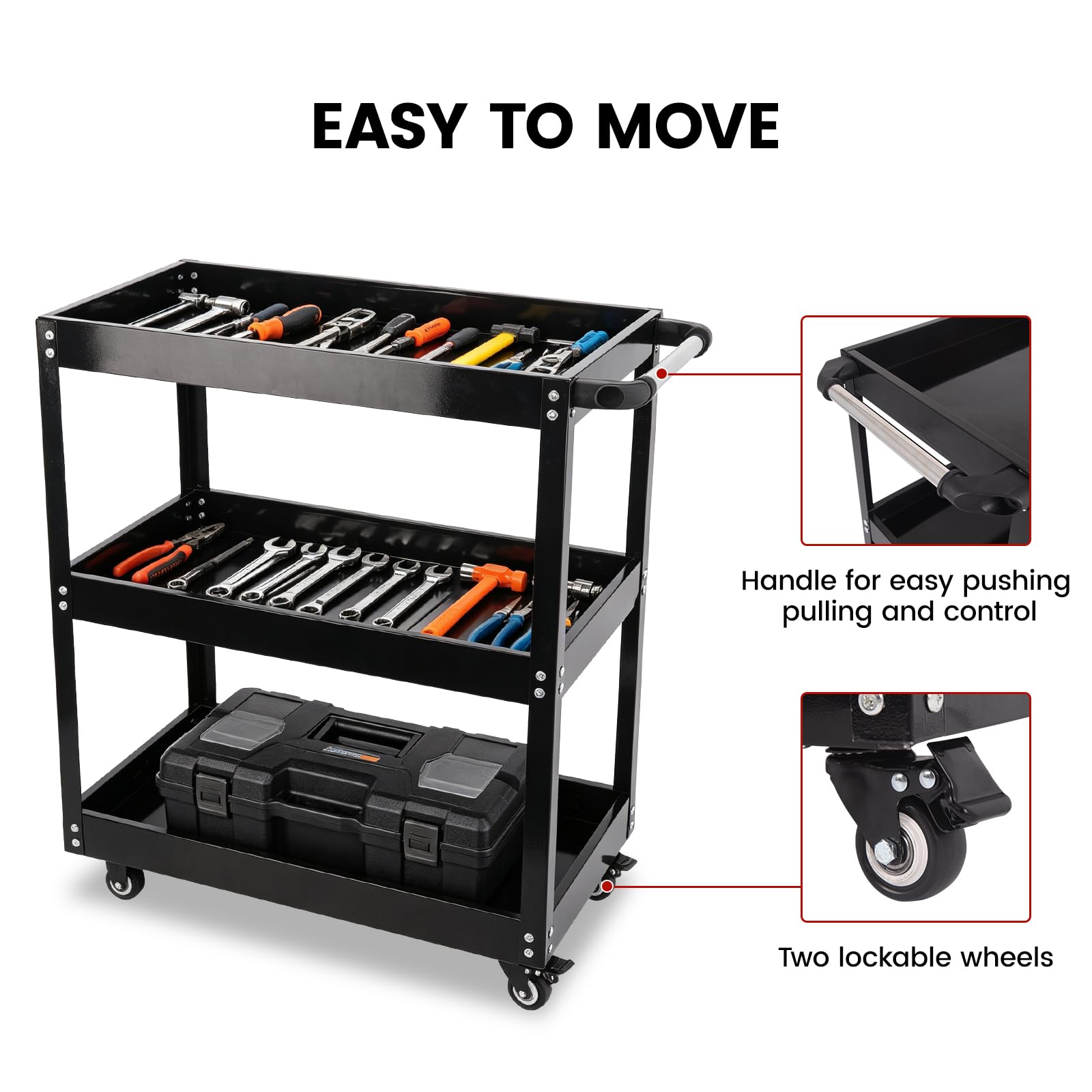 Carrito utilitario de 3 niveles, negro