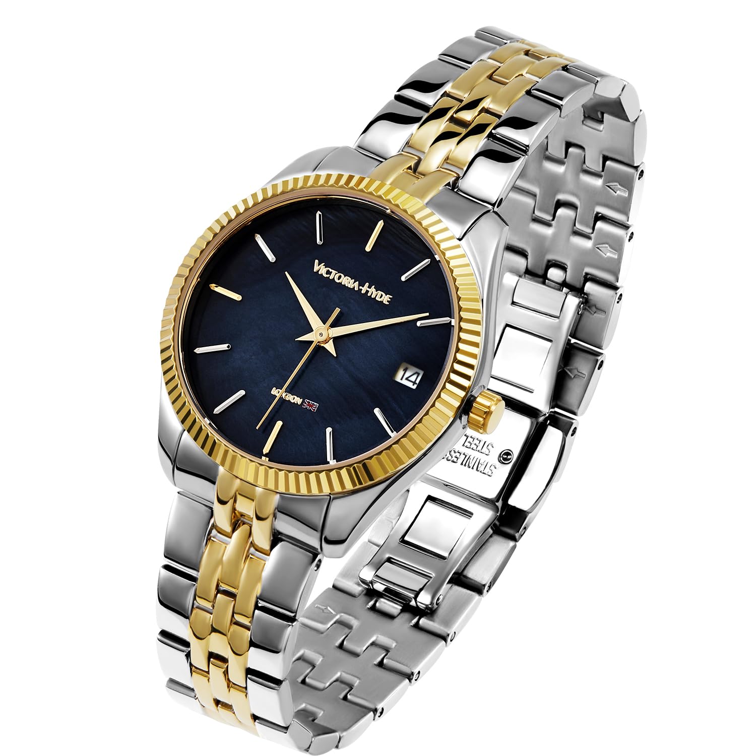 VICTORIA HYDE Two Tone Watches for Women, Silver and Gold Womens Watch, Stainless Steel Deepsea Blue Face Ladies Watch