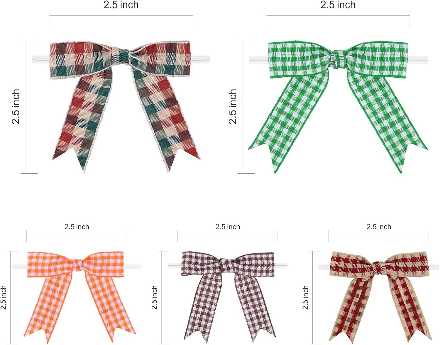 Meseey 50 Pcs Gingham Ribbon Bows with Twist Tie 2.5" Red Brown Blue Yellow Green and White Buffalo Check Premade Bows for Gift Wrapping Basket Wedding Baby Shower Brithday Party (Fall) image 3