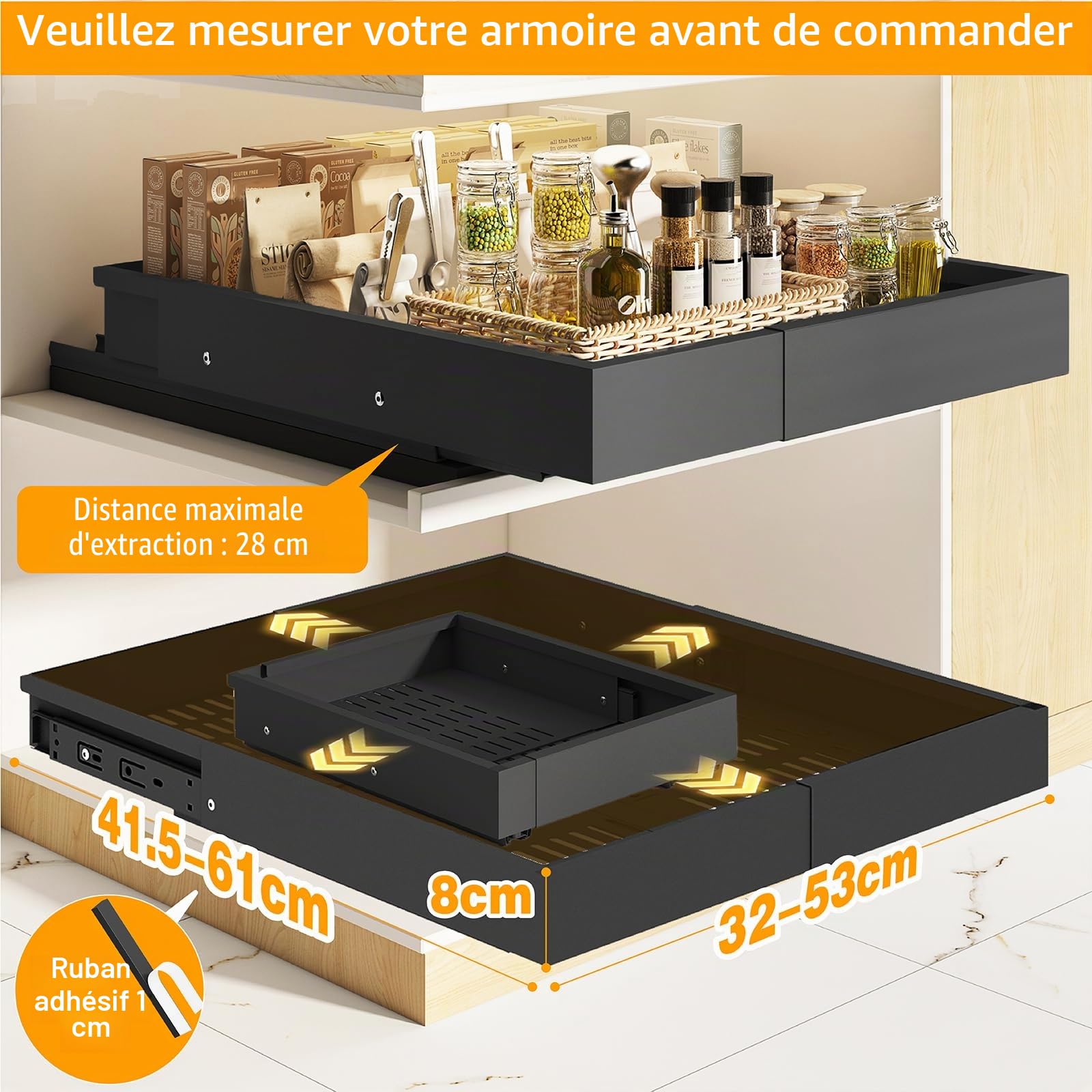 Lot de 2 Tiroirs Coulissants Cuisine-4 directions extensibles, Largeur 32–53 cm & Profondeur 41,5–61 cm, Tiroir Télescopique Métallique, Organisateur d'Armoire, Montage Adhésif/Vis, Noir