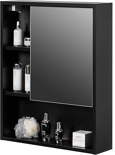 Basicwise Armario espejo de montaje en pared con estante abierto, 2 estantes ajustables, organizador de medicamentos, muebles de almacenamiento para