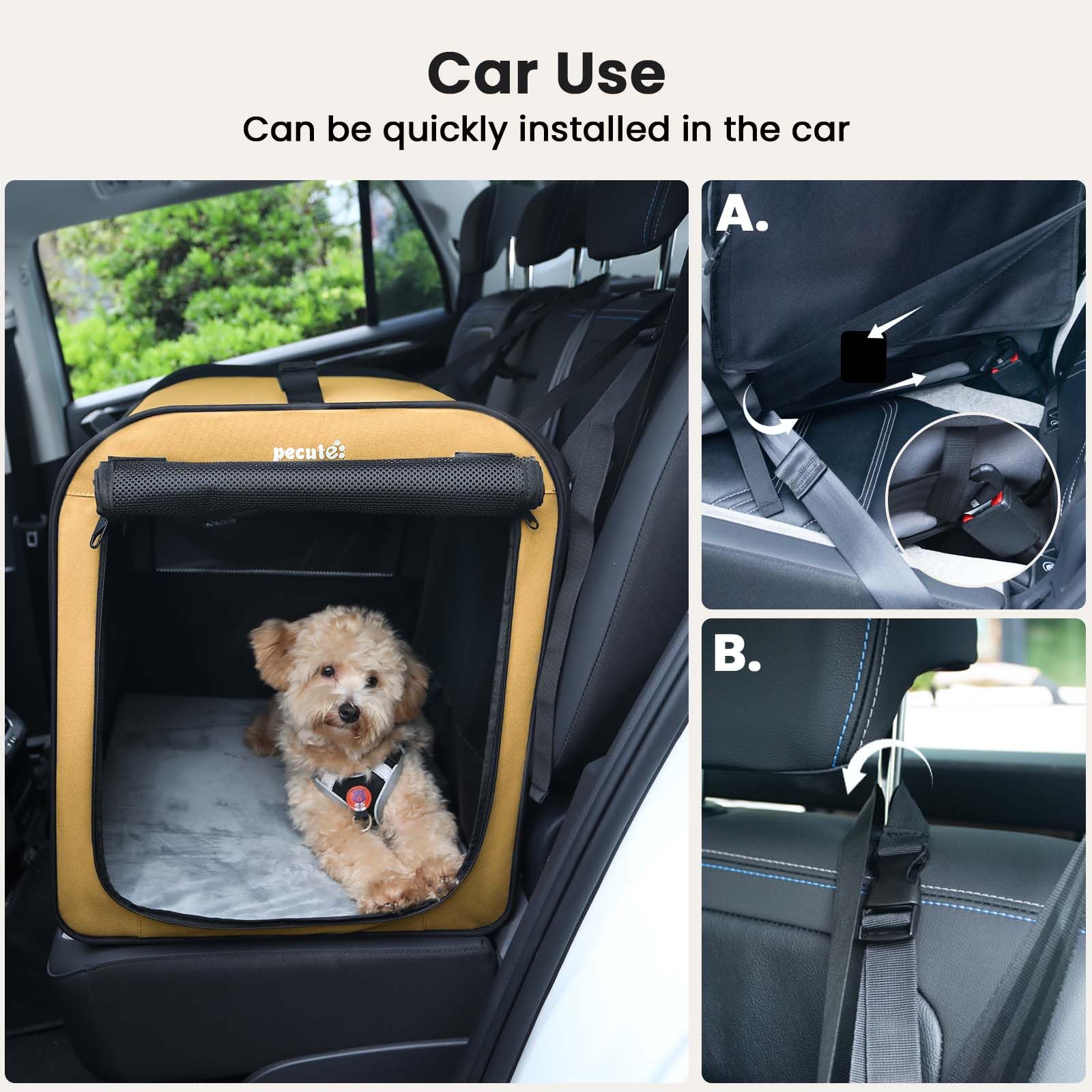 Pecute Transportin Gato Perro Plegable Jaula para Gatos Perros Casa de Gatos Perros con Cerradura y Correa de Seguridad Ajustable, Apto para Coches, Tiendas de Campaña para Mascotas, Caqui